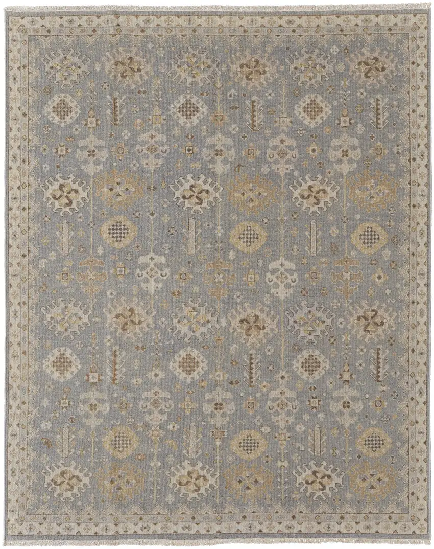 Gray and Ivory Wool Oriental Hand Knotted Area Rug With Fringe Photo 5
