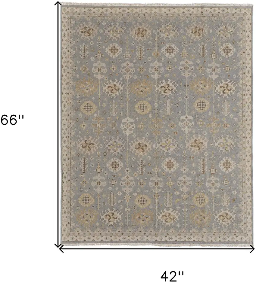 Gray and Ivory Wool Oriental Hand Knotted Area Rug With Fringe Photo 3