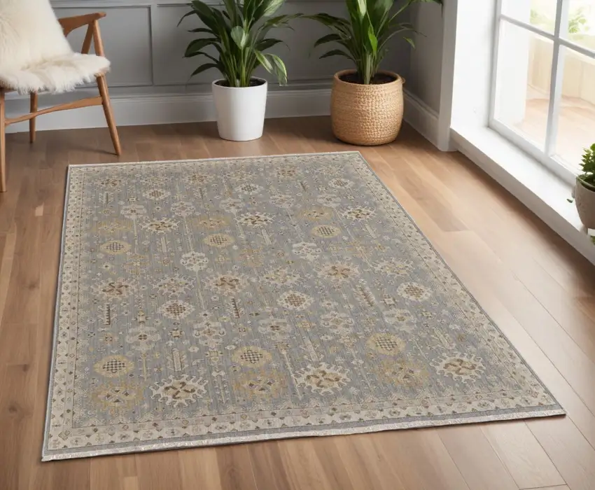 Gray and Ivory Wool Oriental Hand Knotted Area Rug With Fringe Photo 1