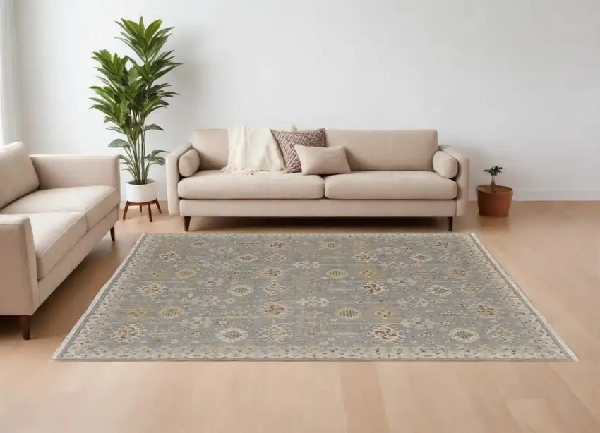 Gray and Ivory Wool Oriental Hand Knotted Area Rug With Fringe Photo 1