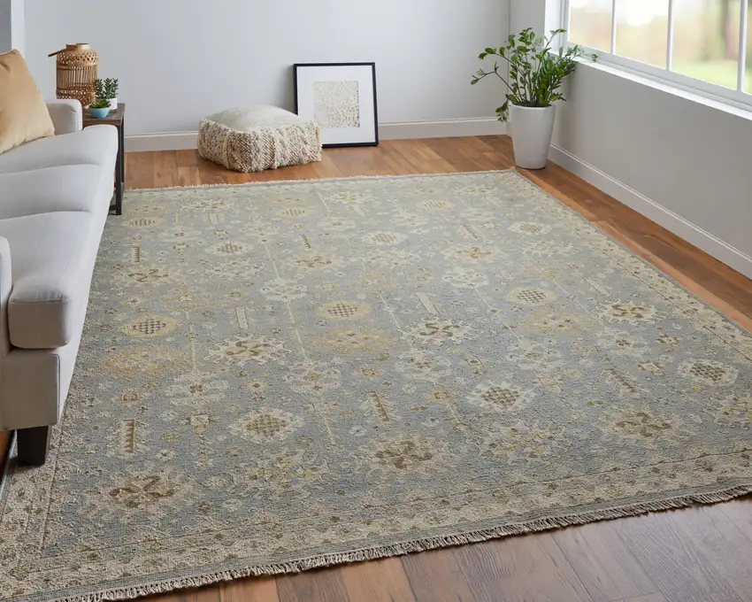 Gray and Ivory Wool Oriental Hand Knotted Area Rug With Fringe Photo 9