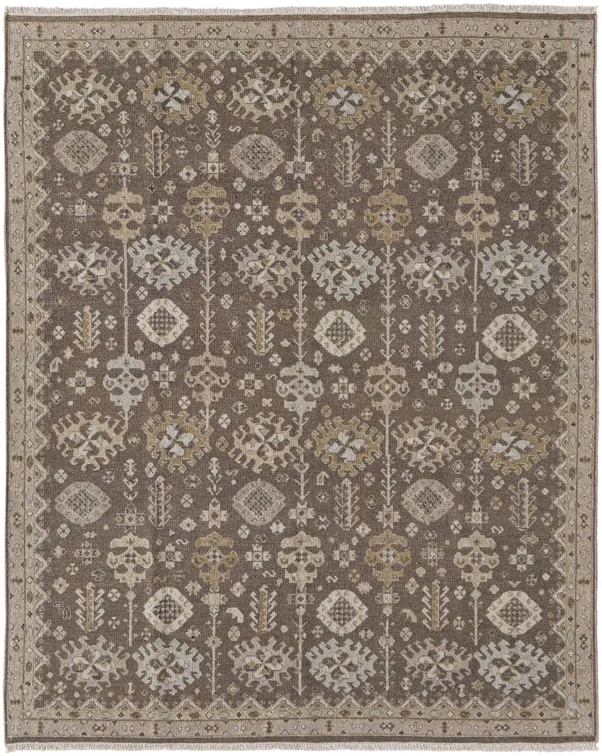 Gray and Ivory Wool Oriental Hand Knotted Area Rug With Fringe Photo 5