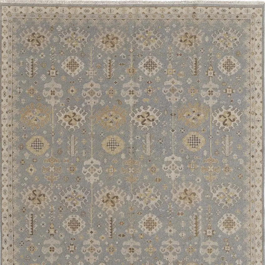 Gray and Ivory Wool Oriental Hand Knotted Area Rug With Fringe Photo 6