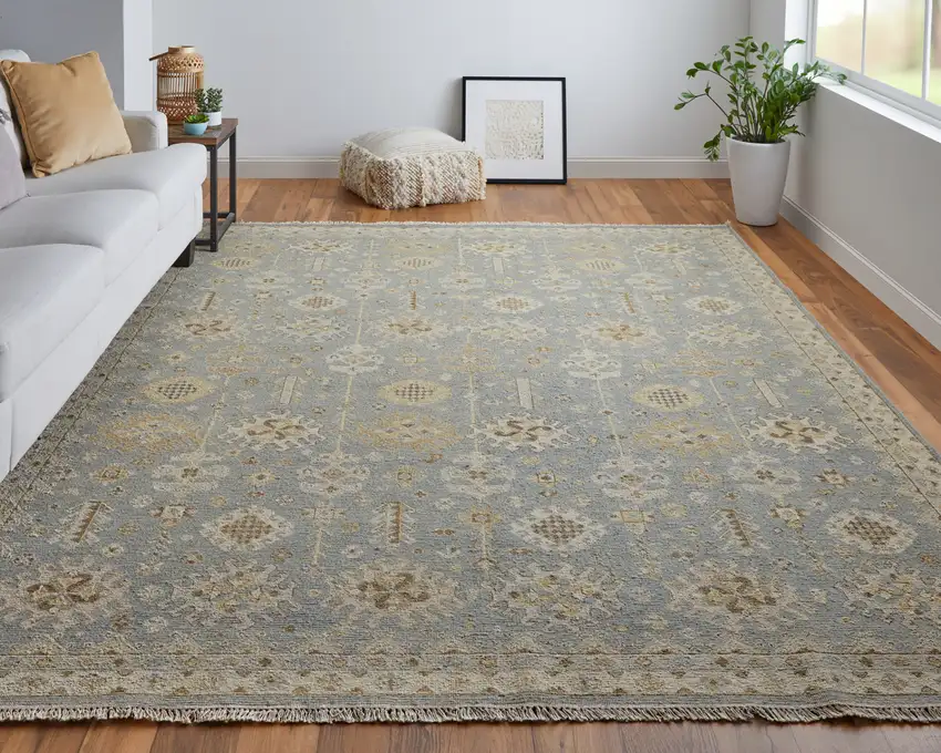 Gray and Ivory Wool Oriental Hand Knotted Area Rug With Fringe Photo 8