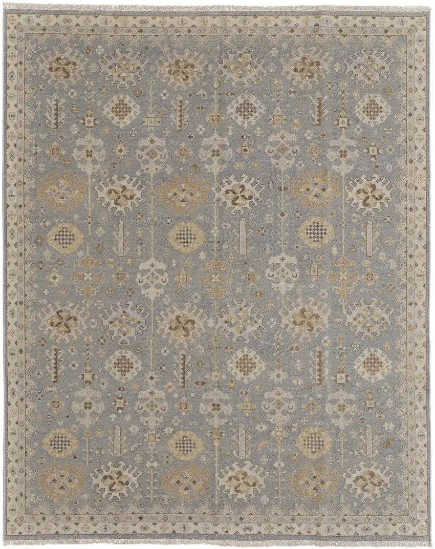 Gray and Ivory Wool Oriental Hand Knotted Area Rug With Fringe Photo 2