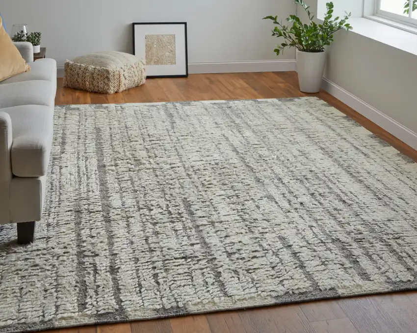 Gray and Ivory Wool Striped Hand Woven Area Rug Photo 9