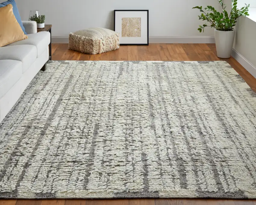 Gray and Ivory Wool Striped Hand Woven Area Rug Photo 9