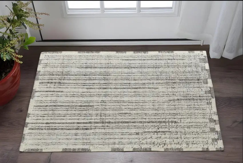 Gray and Ivory Wool Striped Hand Woven Area Rug Photo 1