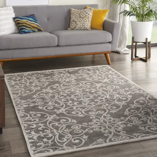 Gray and Light Gray Damask Distressed Area Rug Photo 4