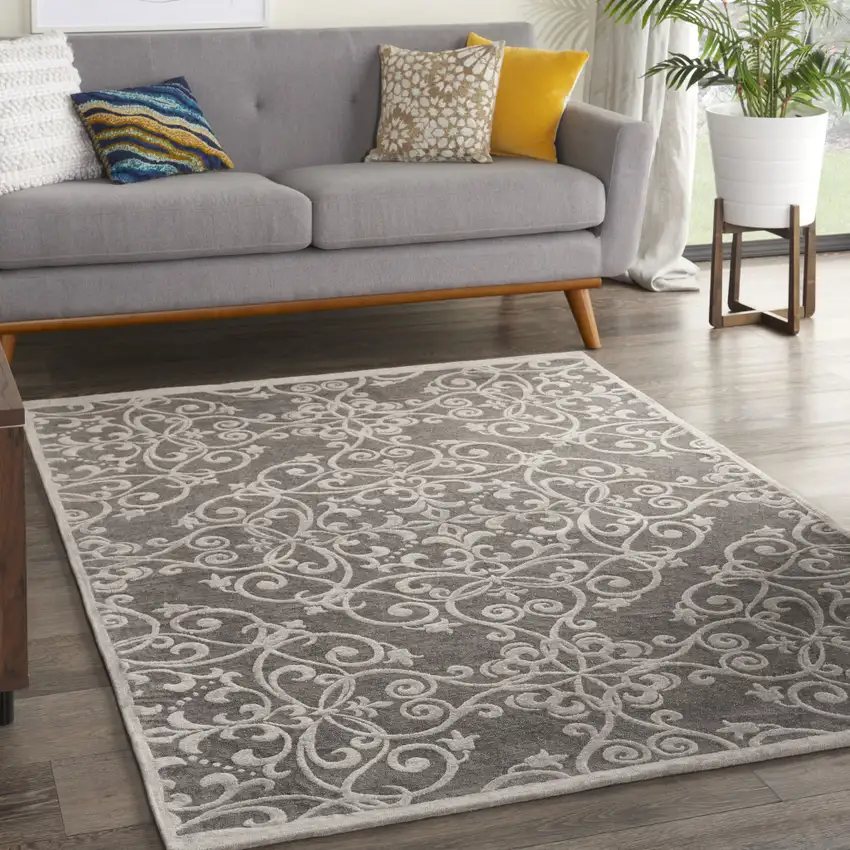 Gray and Light Gray Damask Distressed Area Rug Photo 4