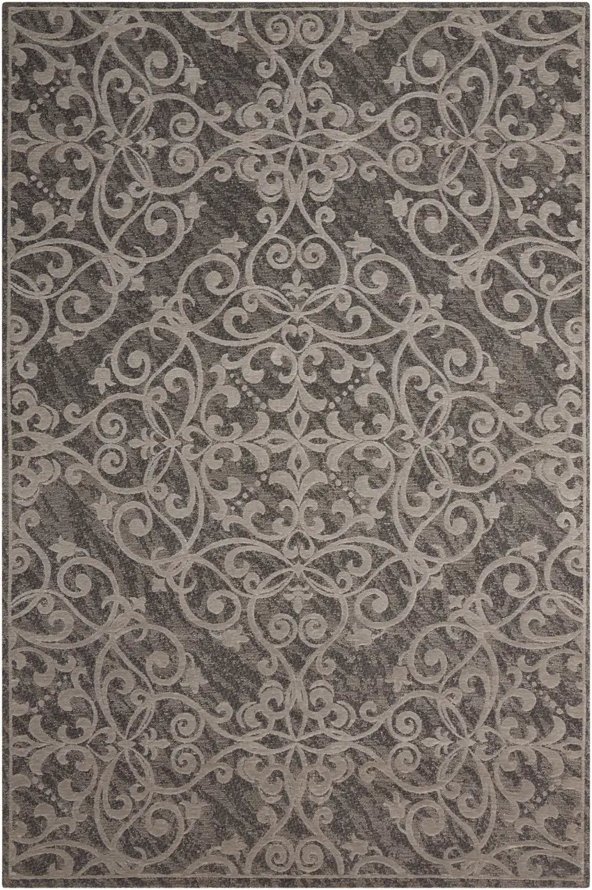 Gray and Light Gray Damask Distressed Area Rug Photo 2