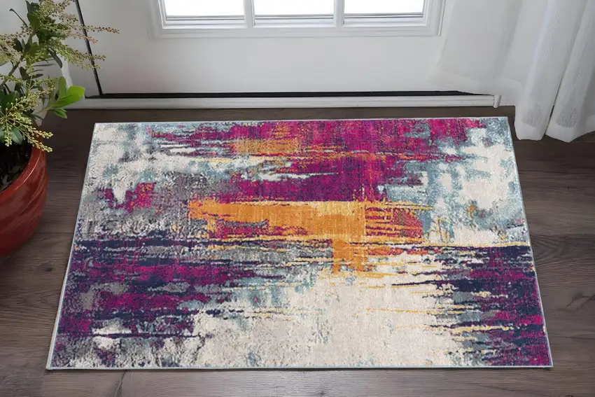 Gray Ivory And Magenta Abstract Area Rug Photo 1