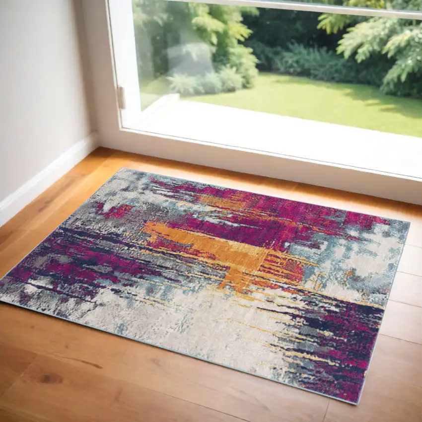 Gray Ivory And Magenta Abstract Area Rug Photo 2