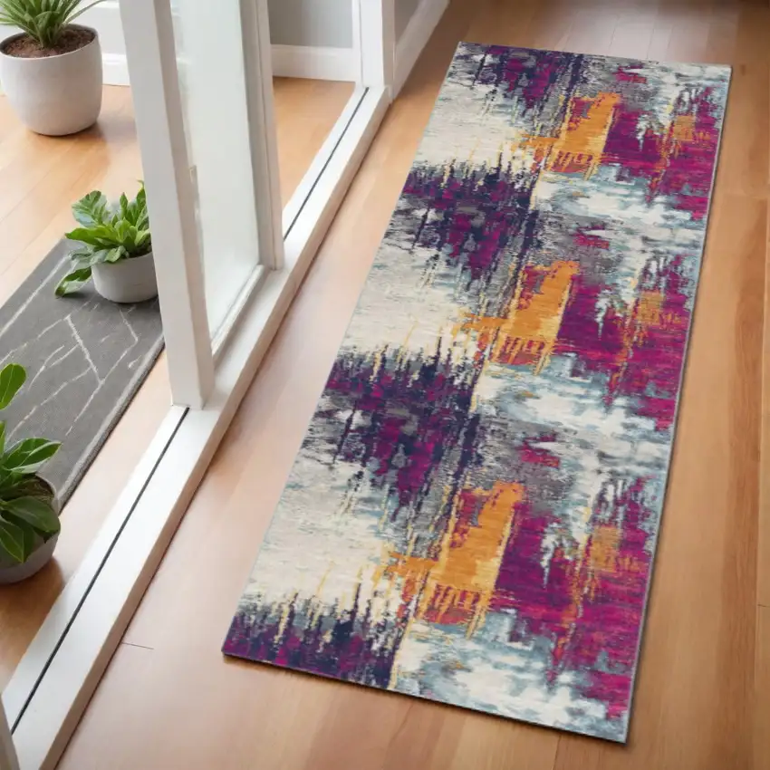 6' Gray Ivory And Magenta Abstract Runner Rug Photo 1