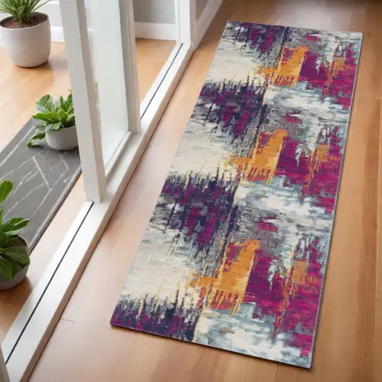 6' Gray Ivory And Magenta Abstract Runner Rug Photo 1
