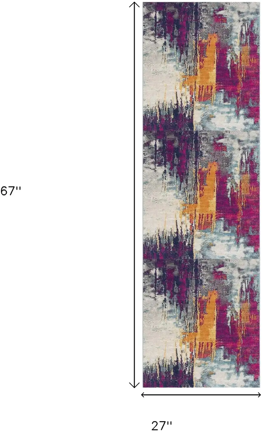 6' Gray Ivory And Magenta Abstract Runner Rug Photo 3