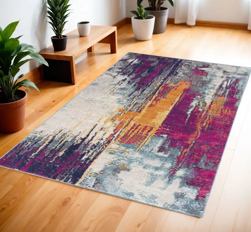 Gray Ivory And Magenta Abstract Area Rug Photo 2