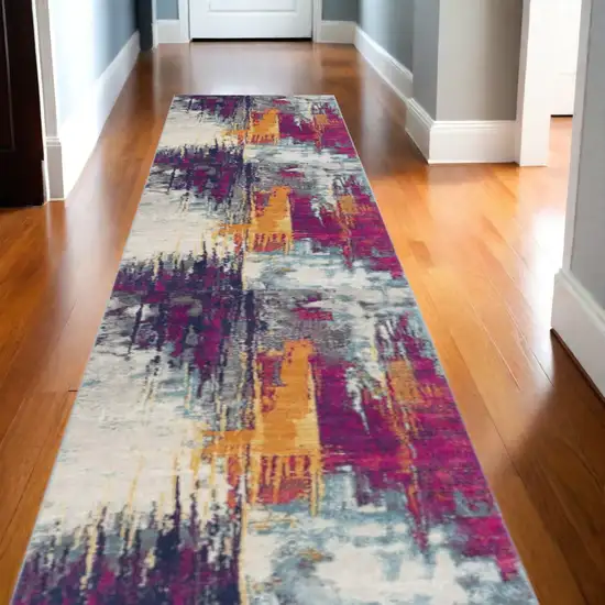 13' Gray Ivory And Magenta Abstract Runner Rug Photo 1