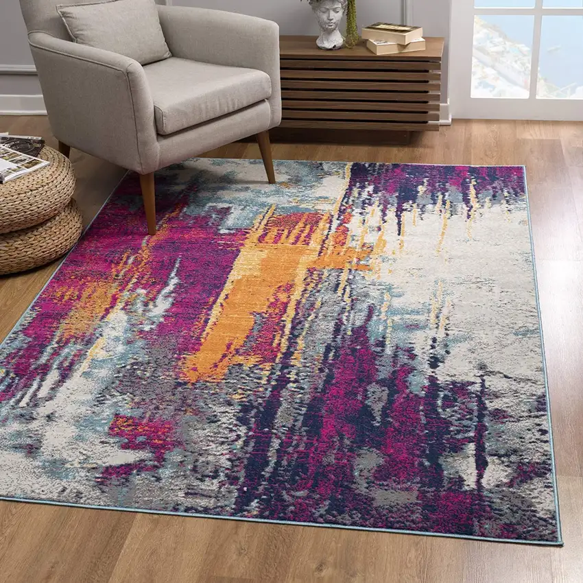13' Gray Ivory And Magenta Abstract Runner Rug Photo 5