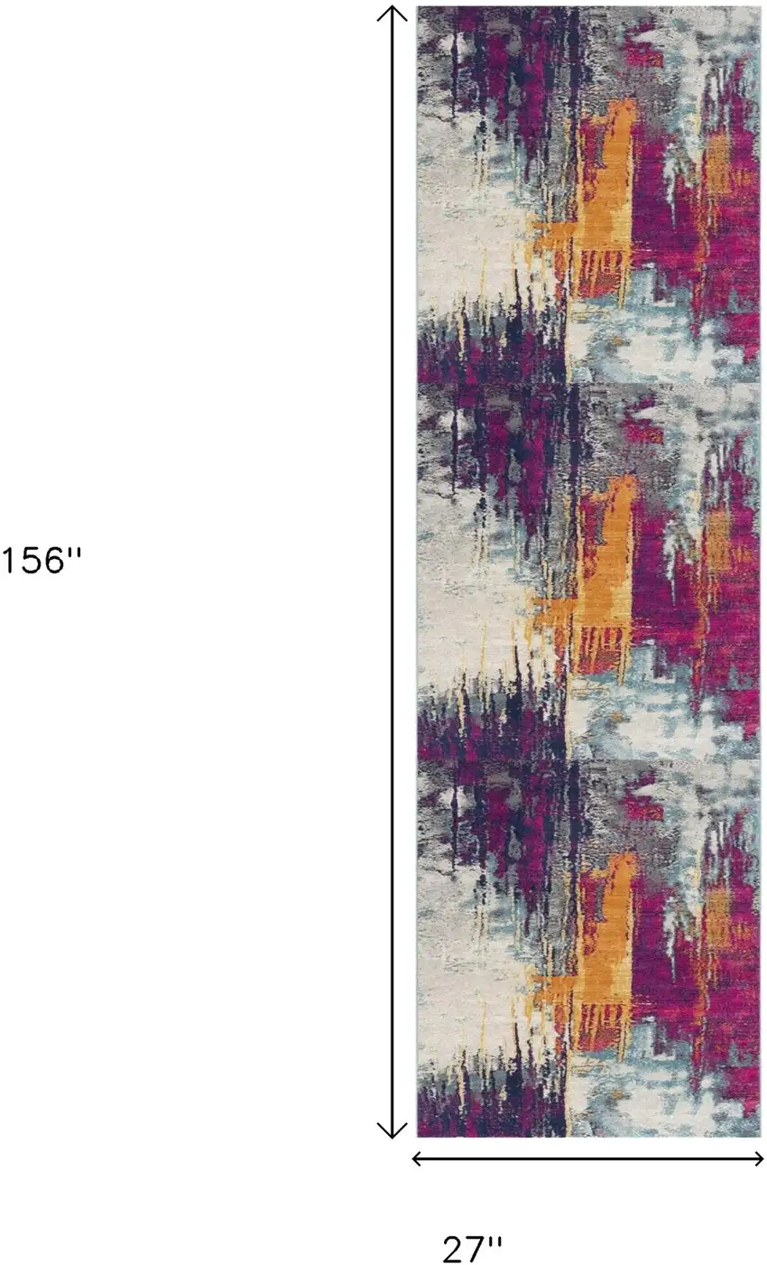 13' Gray Ivory And Magenta Abstract Runner Rug Photo 7