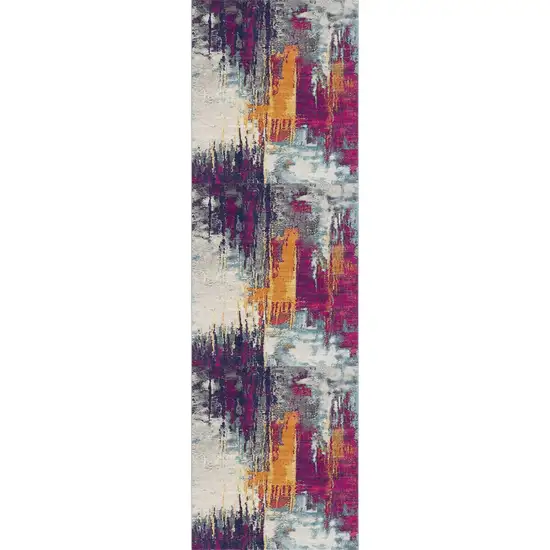 13' Gray Ivory And Magenta Abstract Runner Rug Photo 2