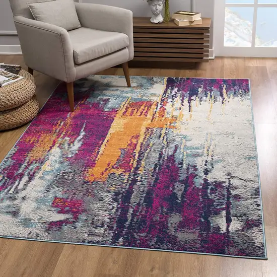 15' Gray Ivory And Magenta Abstract Runner Rug Photo 7