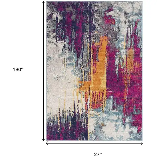 15' Gray Ivory And Magenta Abstract Runner Rug Photo 3