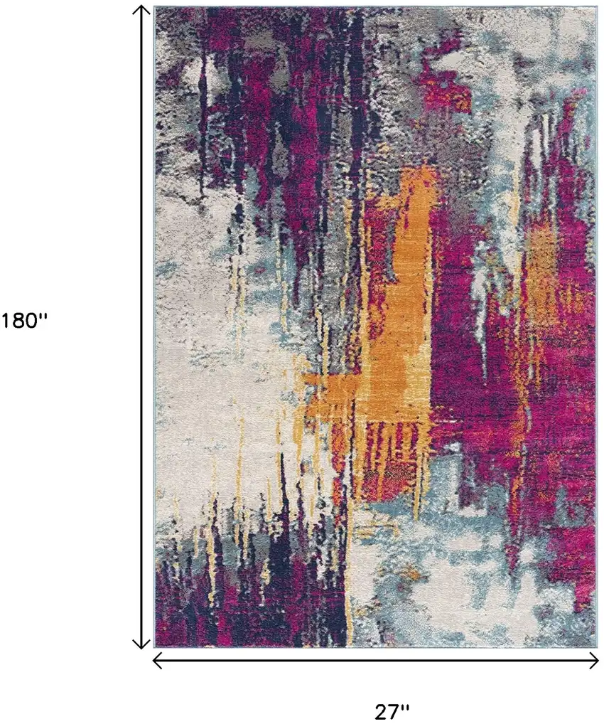 15' Gray Ivory And Magenta Abstract Runner Rug Photo 3