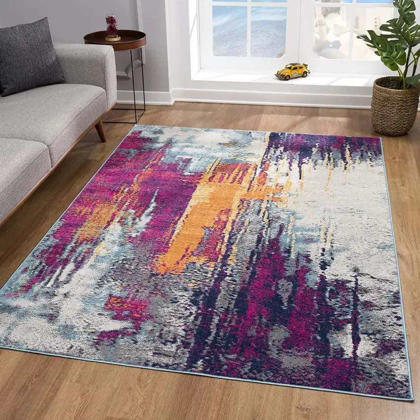 15' Gray Ivory And Magenta Abstract Runner Rug Photo 8