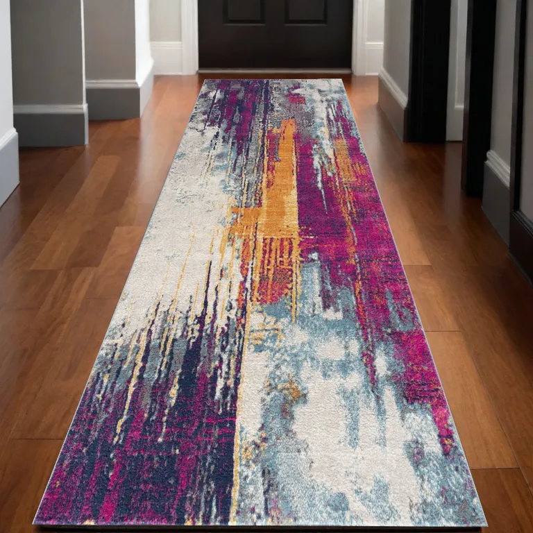 Gray and Magenta Abstract Runner Rug Photo 1