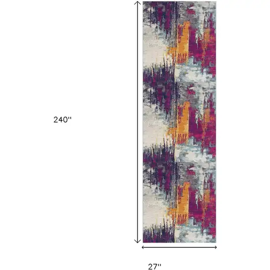 20' Gray Ivory And Magenta Abstract Runner Rug Photo 3