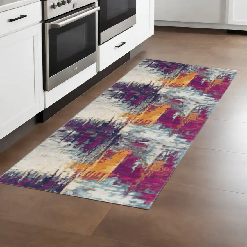 8' Gray Ivory And Magenta Abstract Runner Rug Photo 1