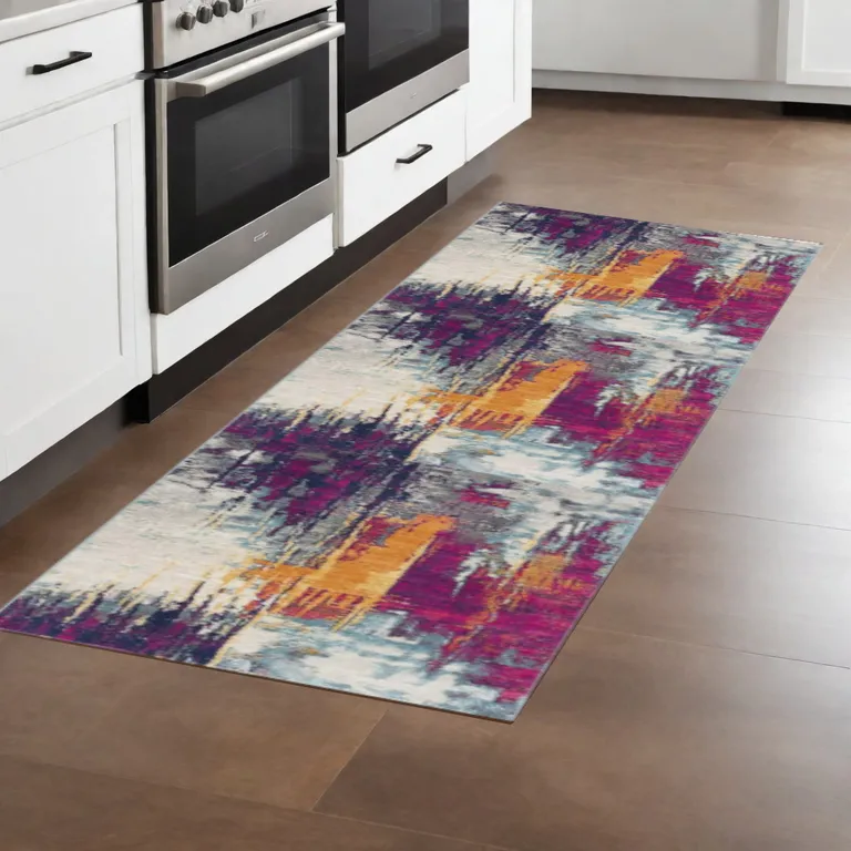 Gray and Magenta Abstract Runner Rug Photo 4