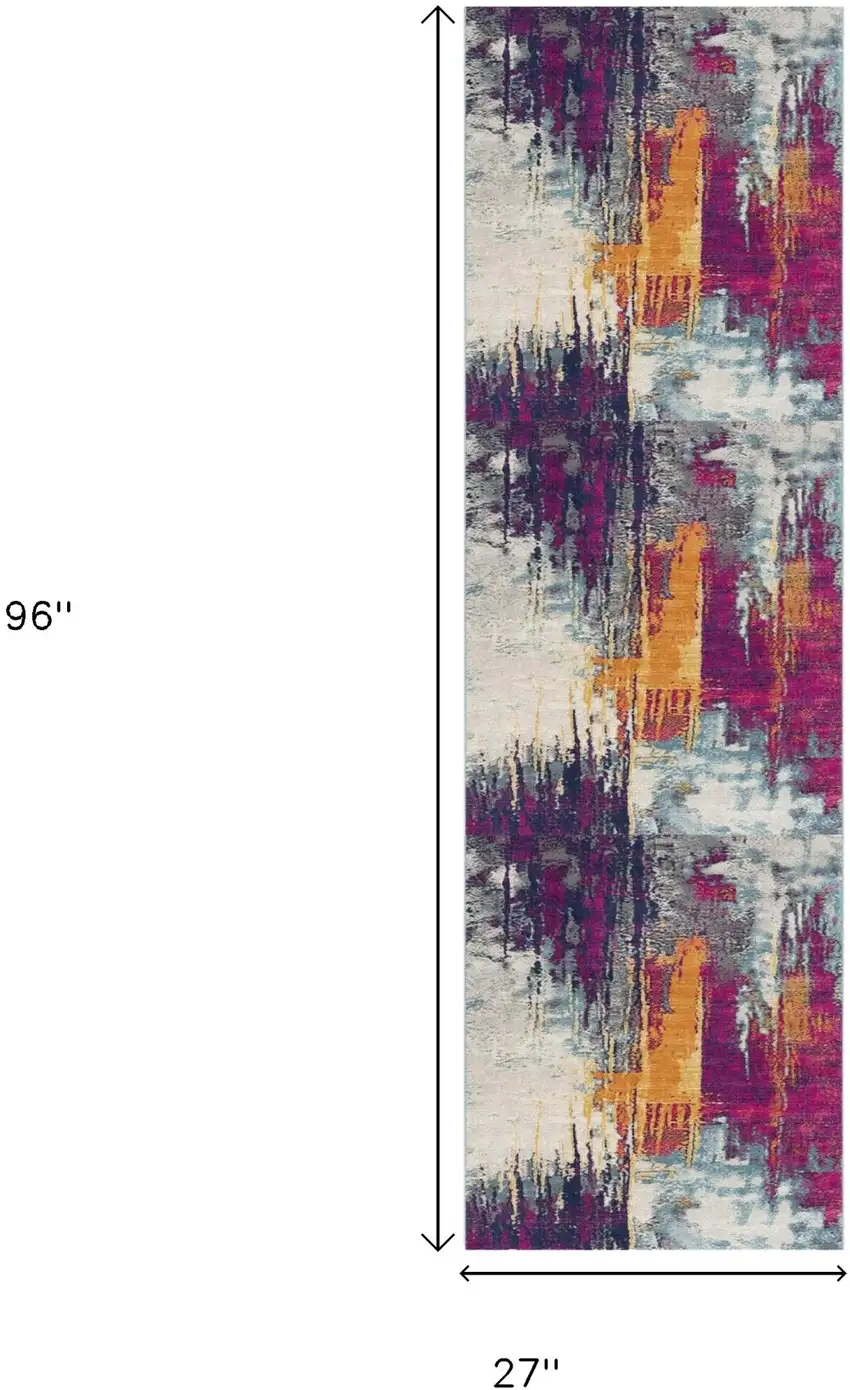 8' Gray Ivory And Magenta Abstract Runner Rug Photo 3