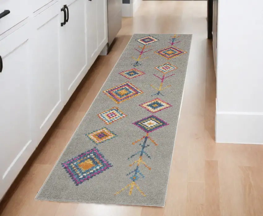 8' Gray Geometric Berber Runner Rug Photo 1