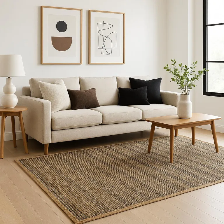 Gray and Natural Braided Striped Area Rug Photo 1