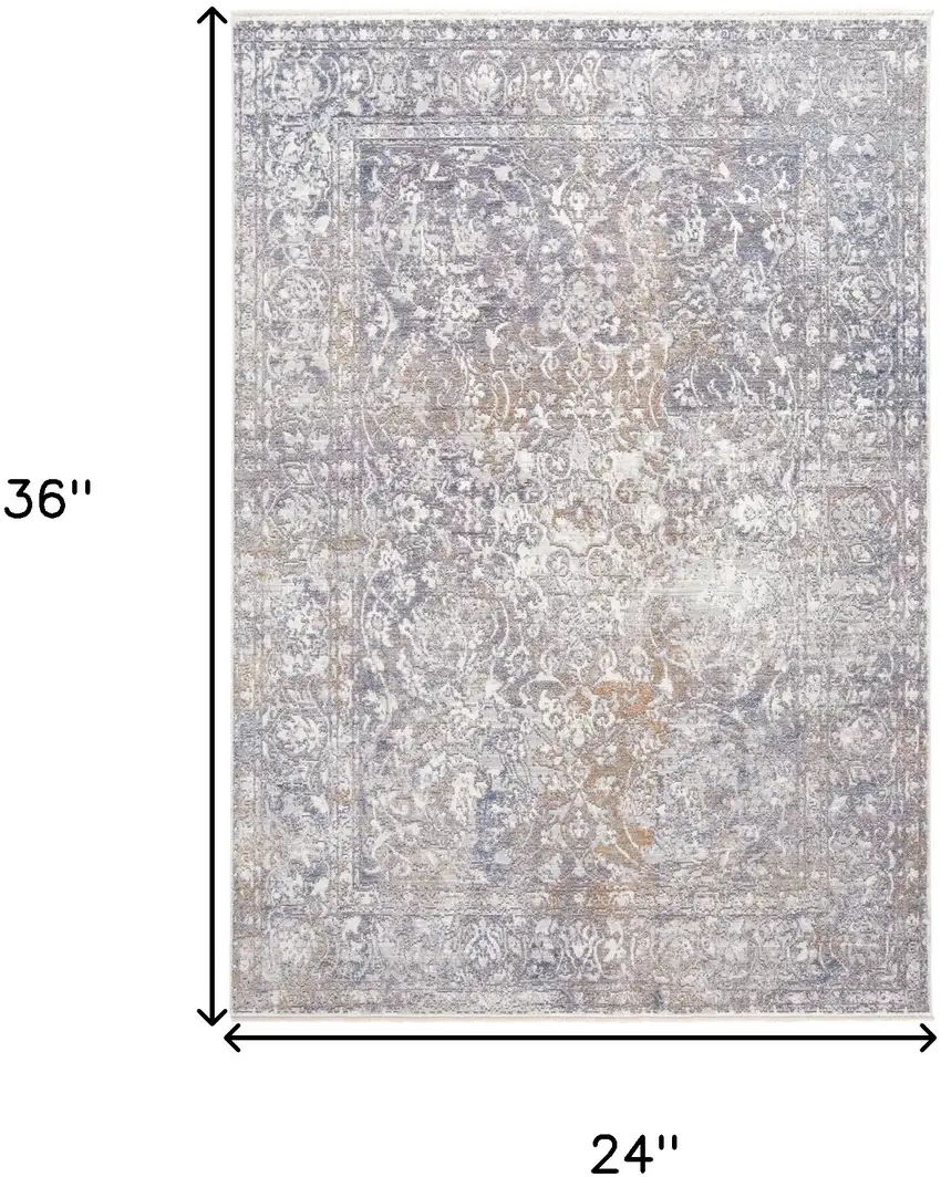 Gray and Orange Abstract Power Loom Worn Faded Area Rug With Fringe Photo 3