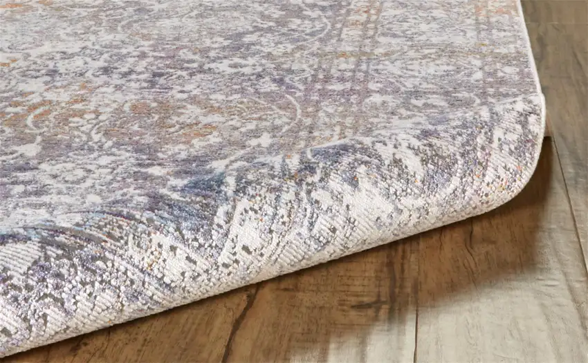 Gray and Orange Abstract Power Loom Worn Faded Area Rug With Fringe Photo 7