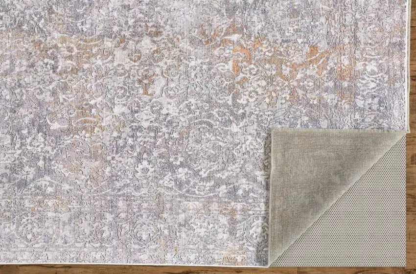 Gray and Orange Abstract Power Loom Worn Faded Area Rug With Fringe Photo 5