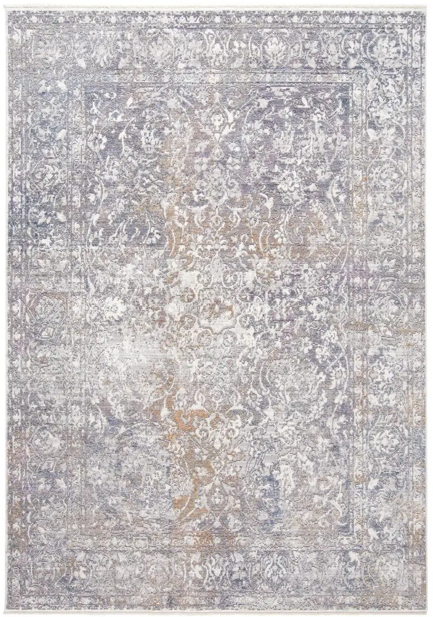 Gray and Orange Abstract Power Loom Worn Faded Area Rug With Fringe Photo 2