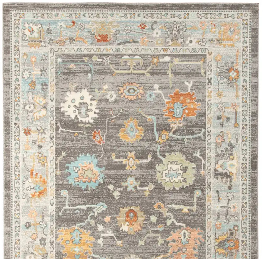 Gray and Orange Floral Stain Resistant Indoor Outdoor Area Rug Photo 9