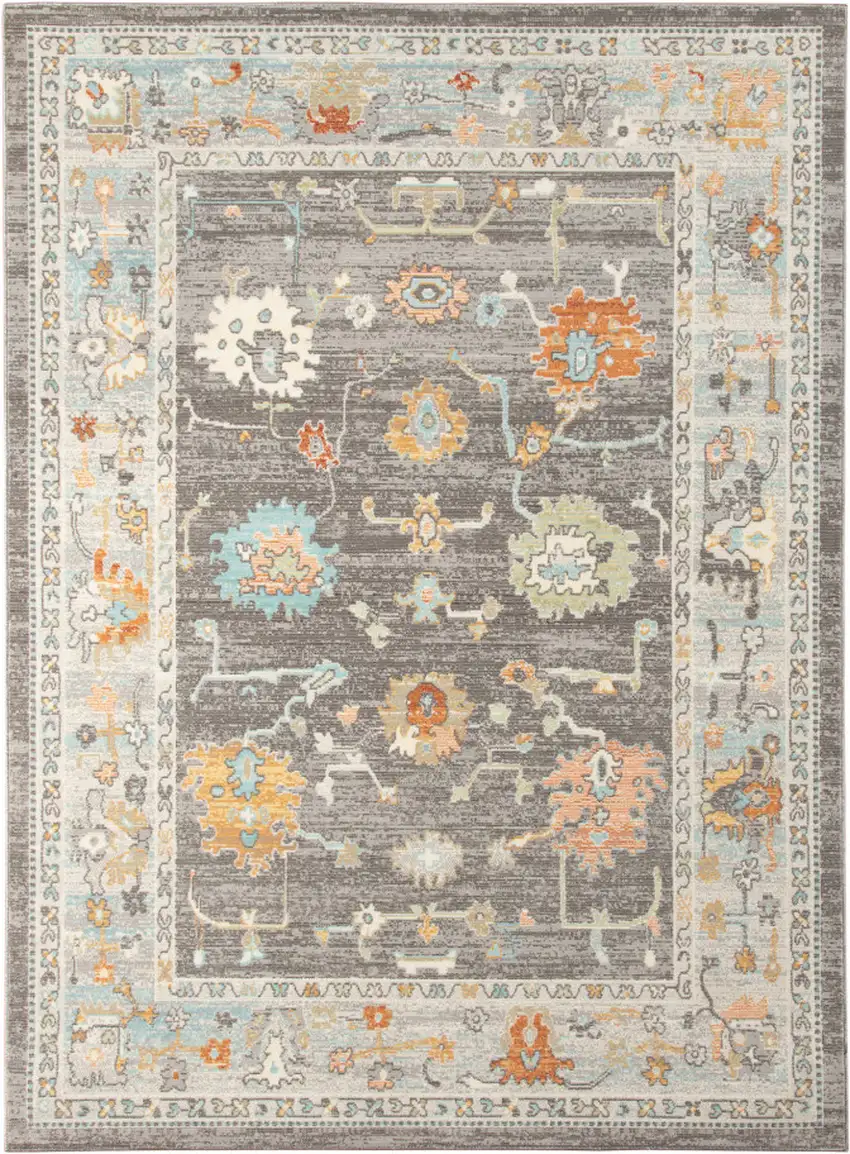 Gray and Orange Floral Stain Resistant Indoor Outdoor Area Rug Photo 2