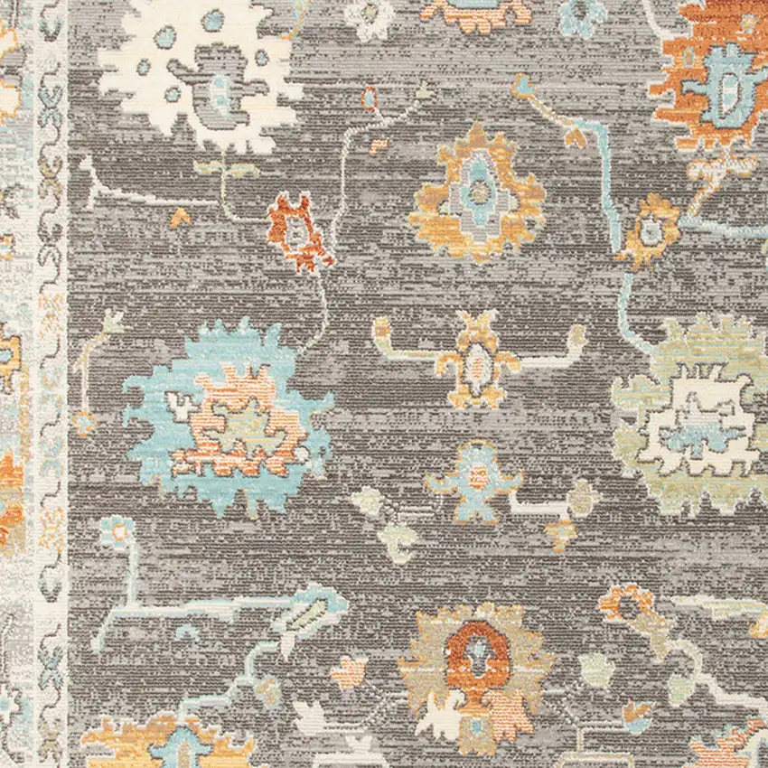Gray and Orange Floral Stain Resistant Indoor Outdoor Area Rug Photo 6