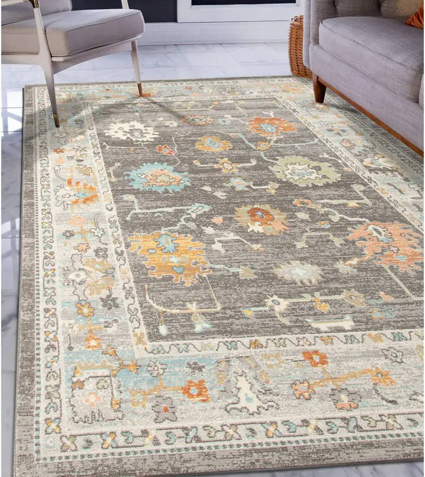 Gray and Orange Floral Stain Resistant Indoor Outdoor Area Rug Photo 3