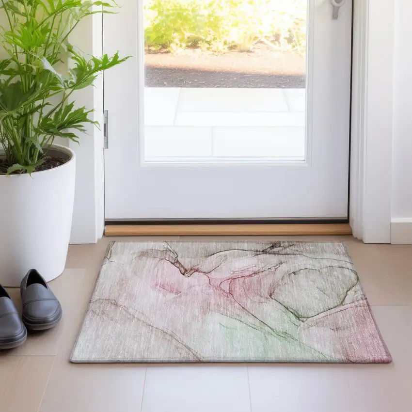 Gray and Pink Abstract Washable Non Skid Indoor Outdoor Area Rug Photo 9