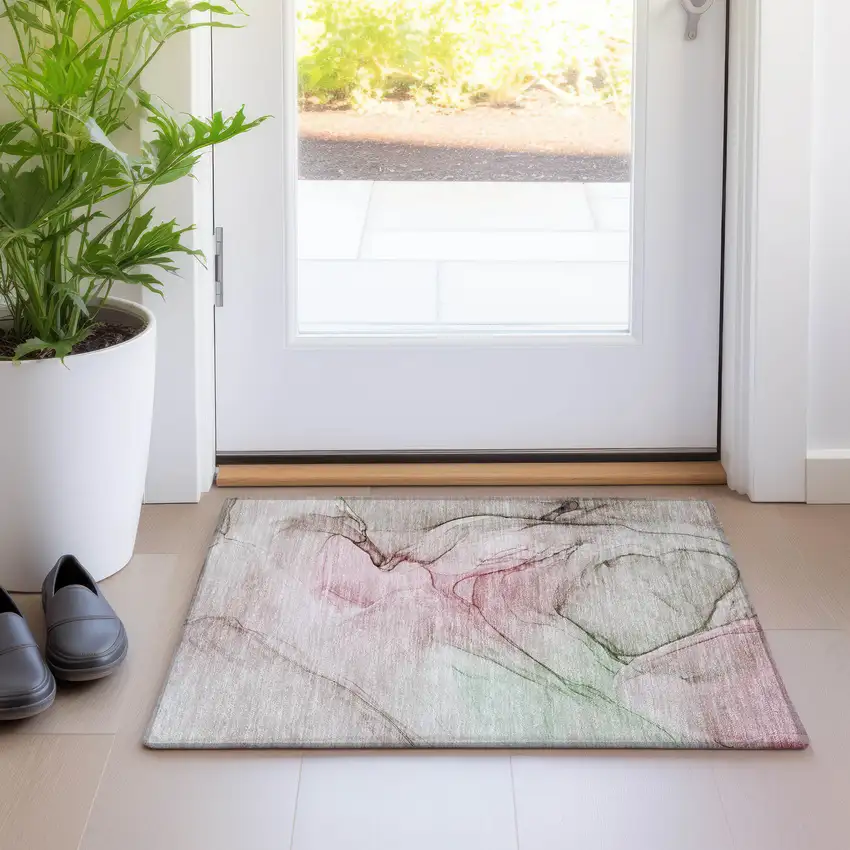 Gray and Pink Abstract Washable Non Skid Indoor Outdoor Area Rug Photo 9