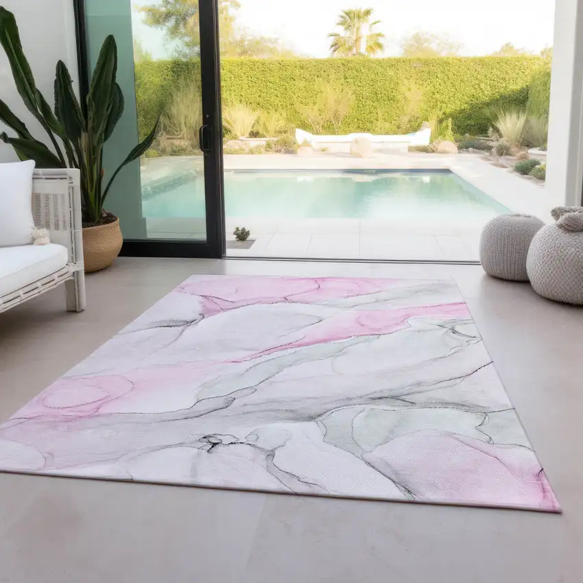 Gray and Pink Abstract Washable Non Skid Indoor Outdoor Area Rug Photo 9