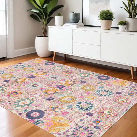 Silver Gray And Pink Floral Distressed Area Rug Photo 2