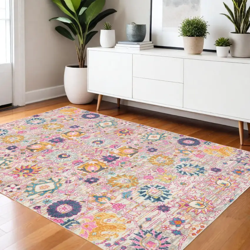Silver Gray And Pink Floral Distressed Area Rug Photo 2