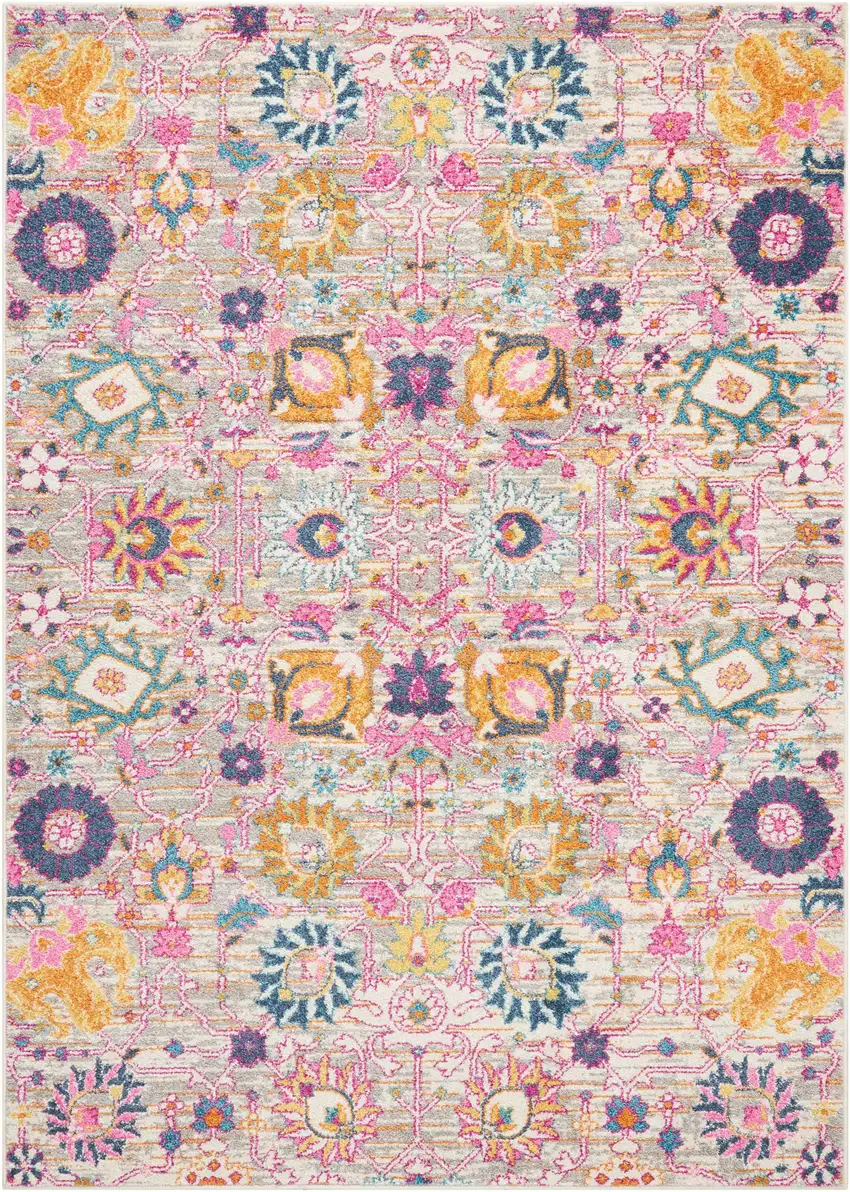 Silver Gray And Pink Floral Distressed Area Rug Photo 6